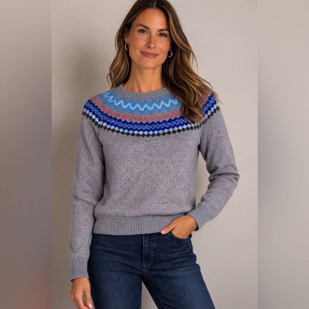 Talbots Fair Isle Crewneck Sweater Women M Gray